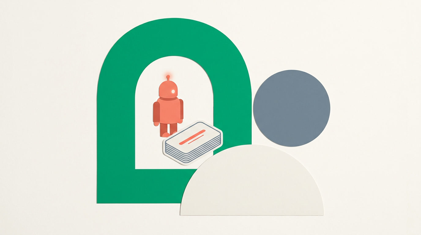 A small AI agent figure pausing at a checkpoint before touching a stack of business records