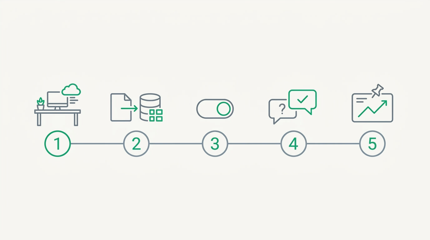 Illustration of a five-step path from a fresh account to a pinned dashboard card of live business numbers.