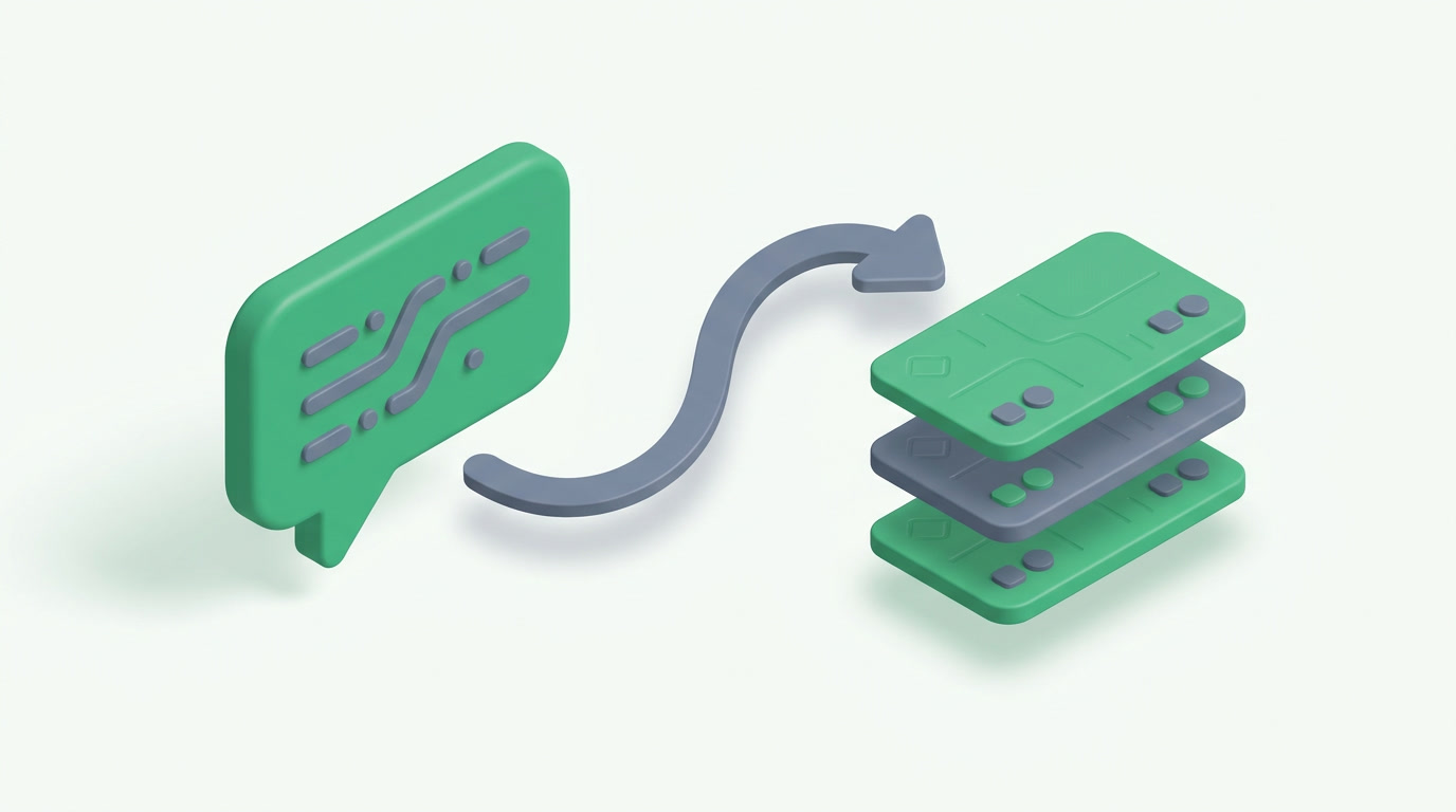A plain-language sentence transforming into a neat stack of configuration cards