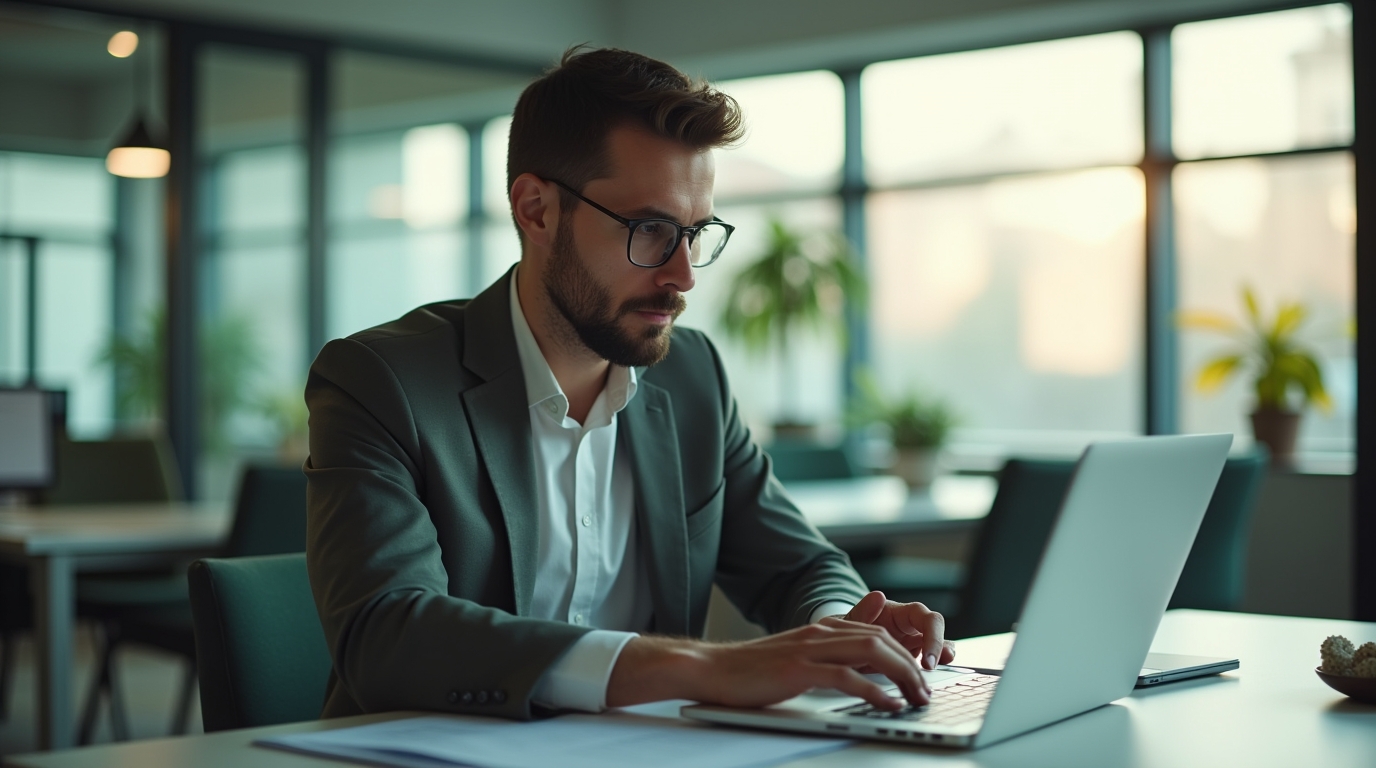 An operations lead reviewing a configuration proposal on a laptop in a bright office