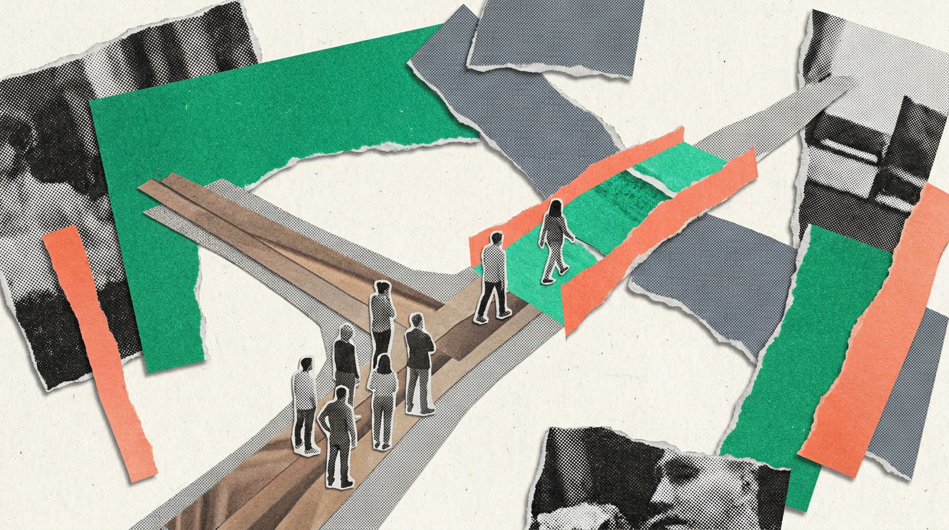 A crowd of small figures split between an old worn path and a new bridge, most hesitating at the edge
