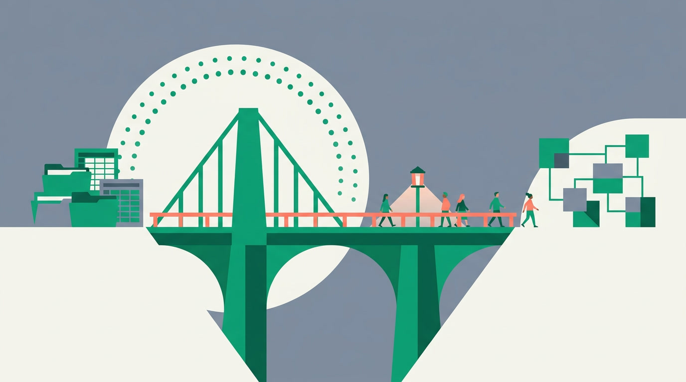 A team crossing a bridge from an old scattered workspace to a clean connected one, guided by a calm assistant figure