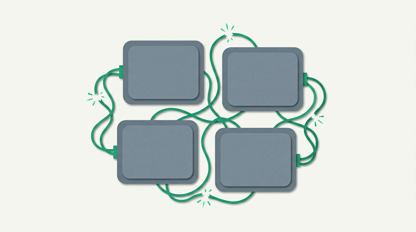 Four separate software boxes joined by fragile, tangled wires with small break points, representing the hidden cost of connecting tools