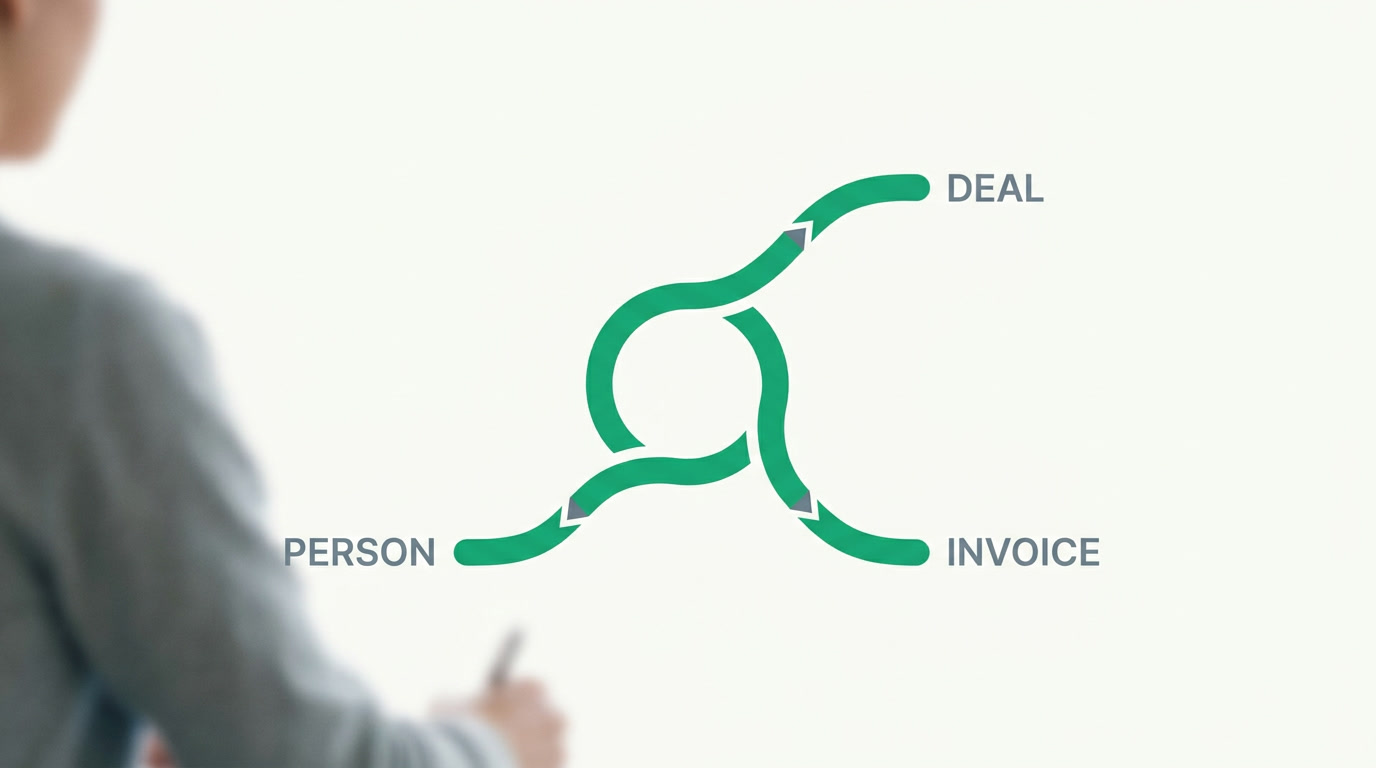 A single hub where a deal, an invoice, and a person icon are drawn as one continuous connected shape