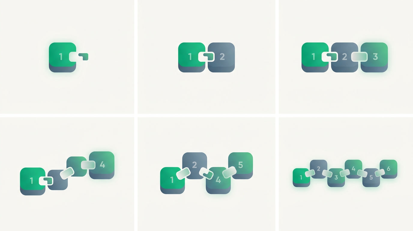 Six numbered steps assembling into an approval flow