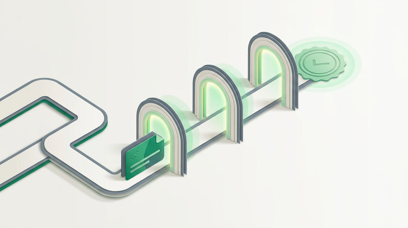 A discount request moving through three approval stages toward a green approved stamp