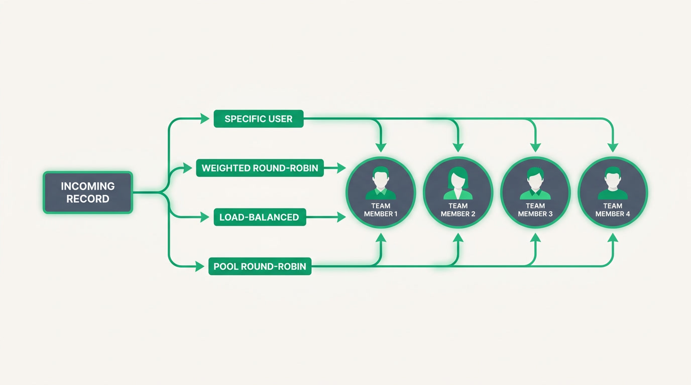 Diagram of one incoming lead routed through four assignment modes to the right team member
