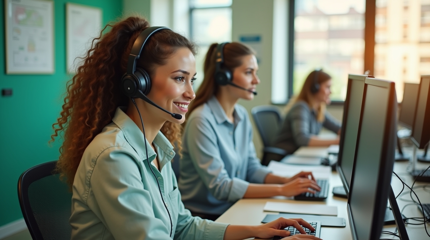A busy support desk team collaborating in a bright modern office