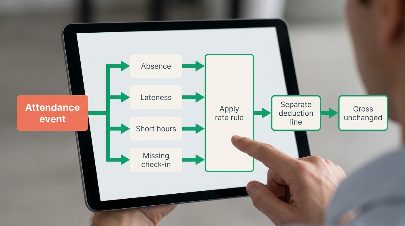 A flowchart from an attendance event to a separate labelled deduction line