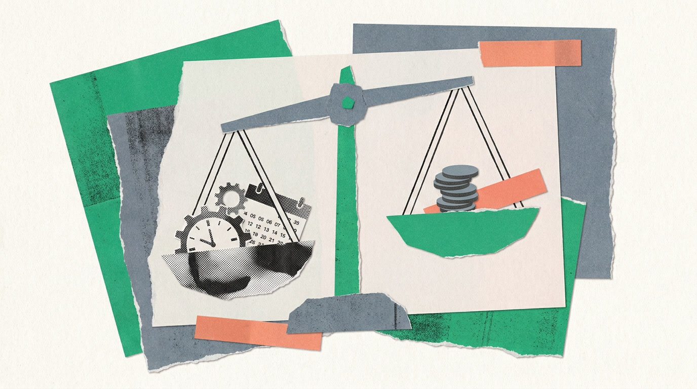 An abstract balance scale weighing time against pay, with clean separated ledger lines