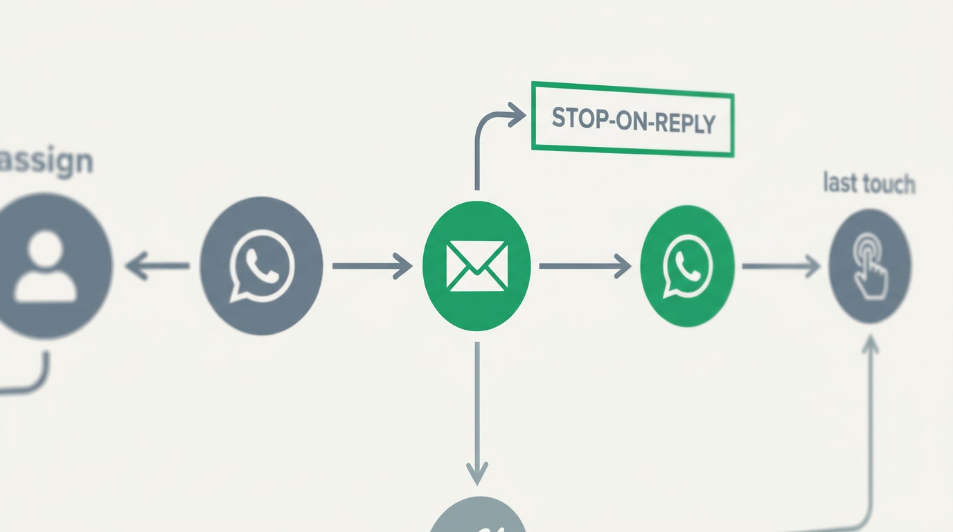 A five-step nurture flow from auto-assign to last touch, with a stop-on-reply branch peeling off.