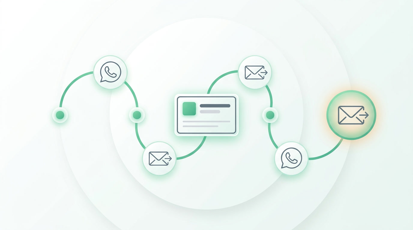 A single connected timeline of WhatsApp and email touches nurturing a lead, shown in emerald and slate.