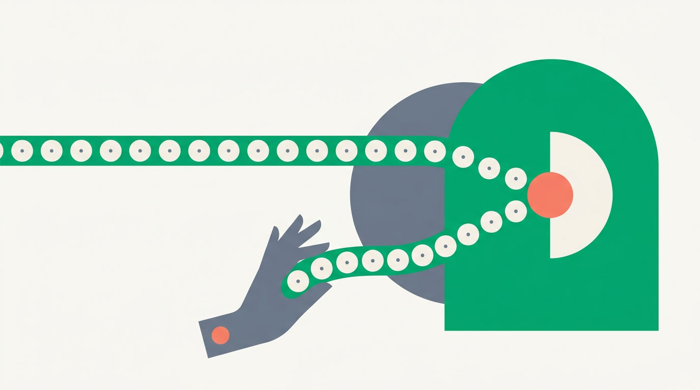 Two parallel streams of work, one handled by software and one kept by a person, meeting at a confirmation point