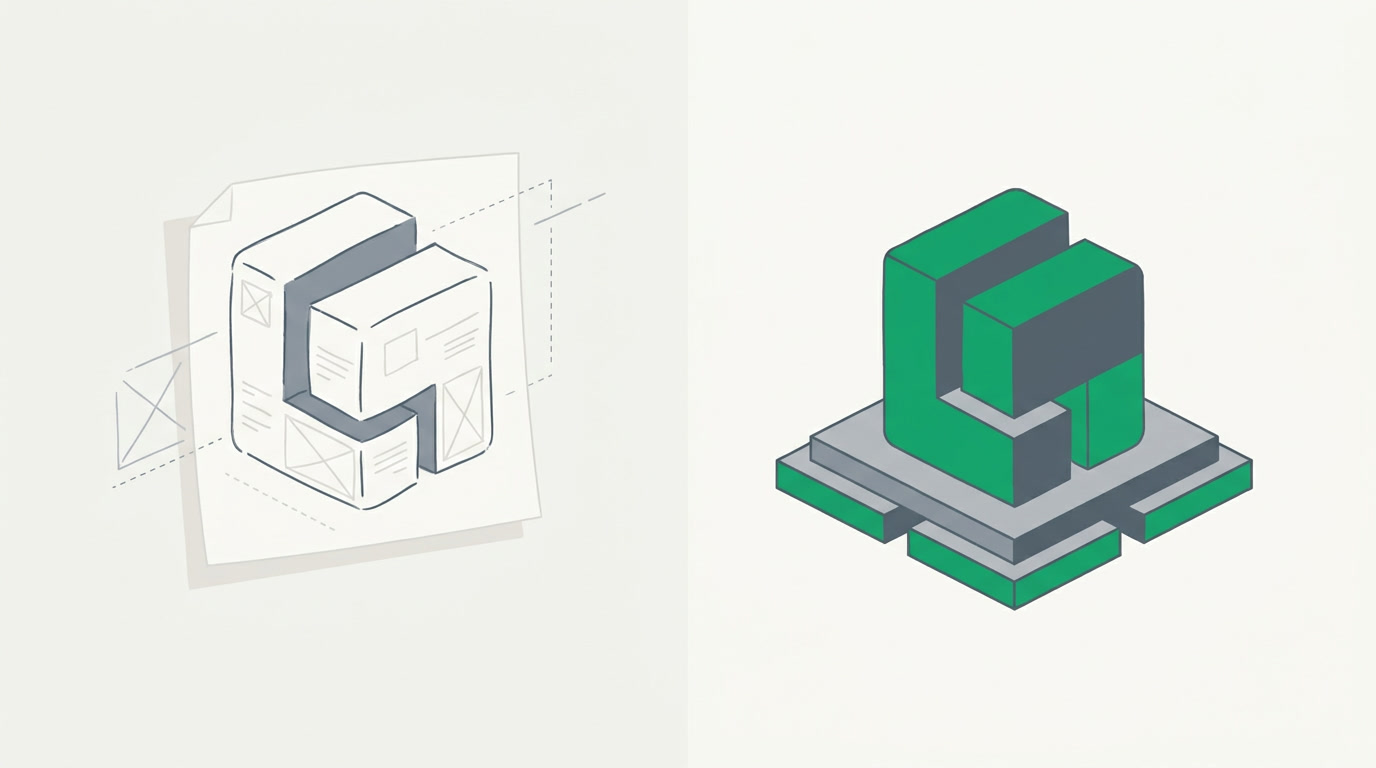 An editorial illustration contrasting a quick paper sketch of an app with a solid, engineered building block