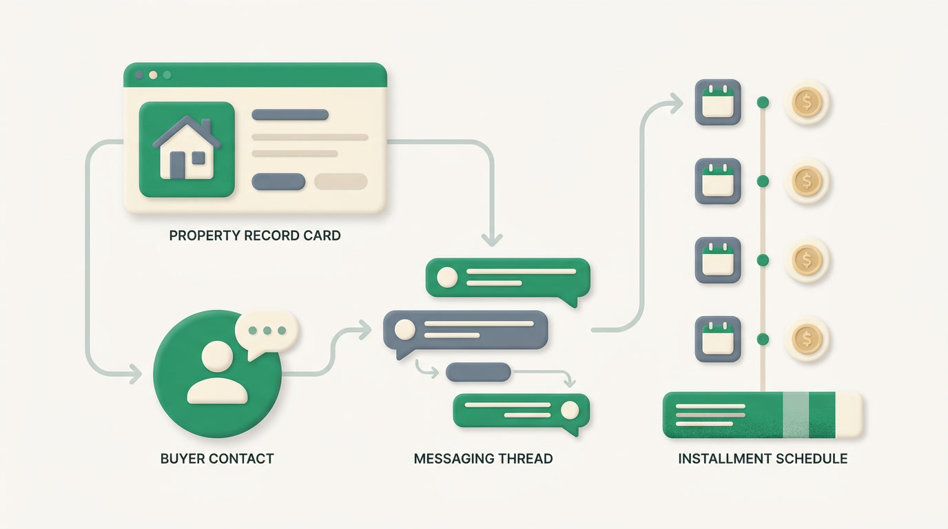 A property record screen showing linked units, a buyer, a WhatsApp thread, and an installment schedule
