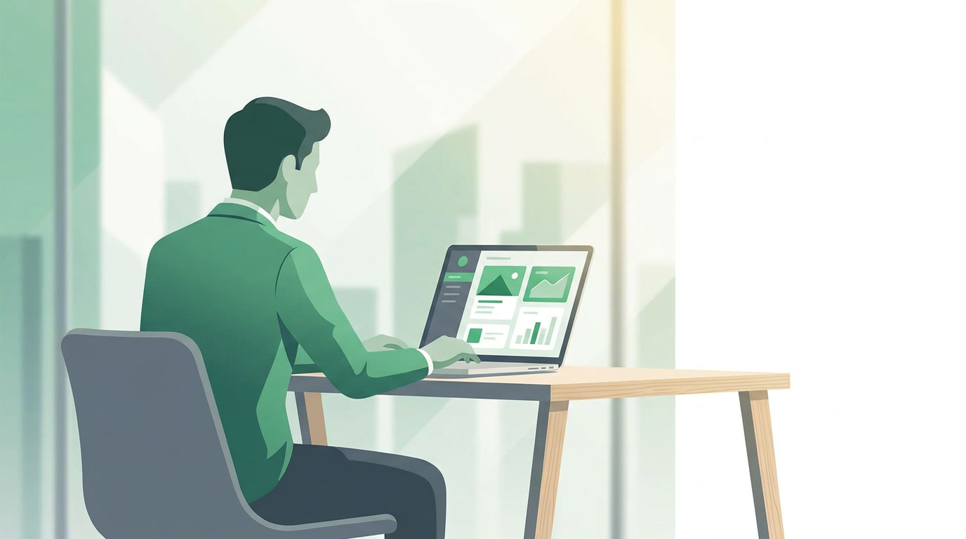 A real estate agent reviewing property listings and buyer leads on a laptop and phone in a bright modern office