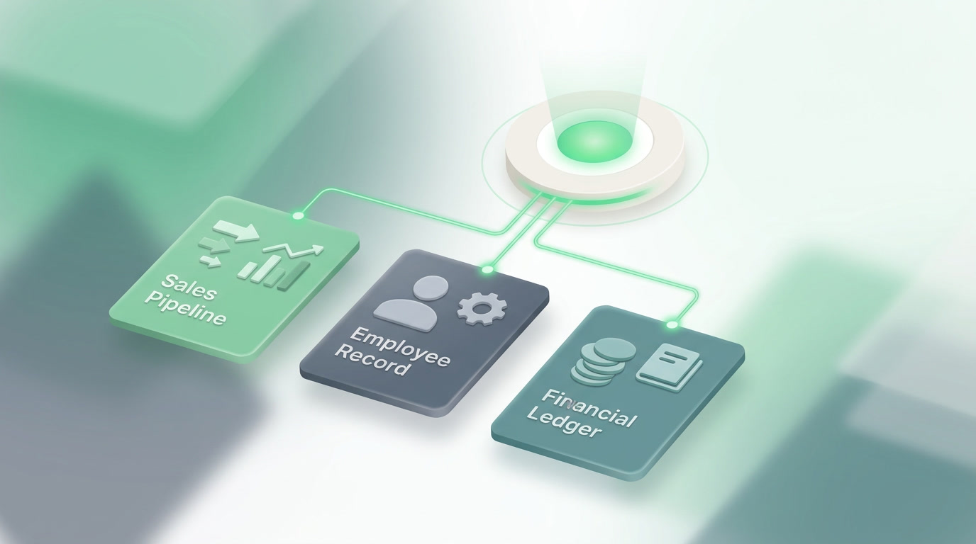 A single connected workspace linking sales, people, and a financial ledger