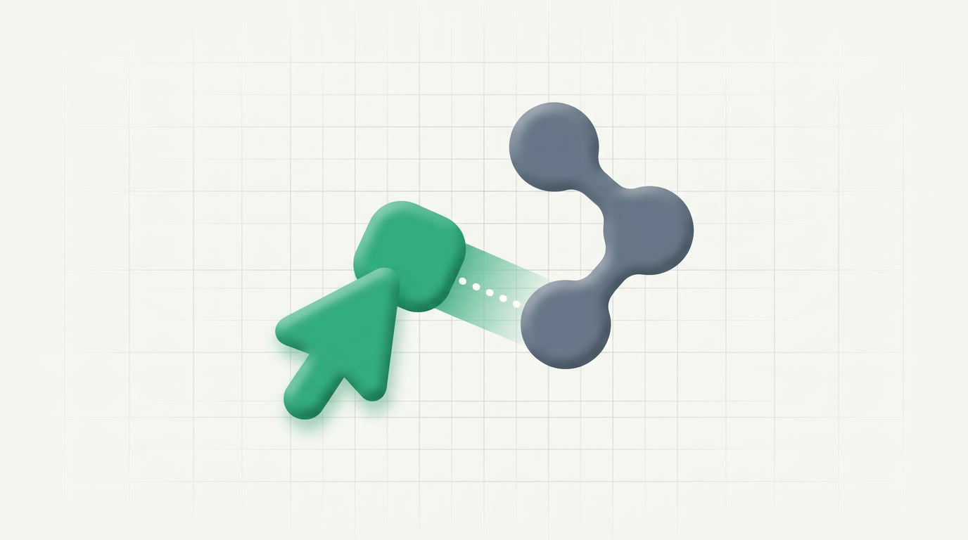 An illustrated hand dragging a step node onto a canvas to connect it into an existing flow