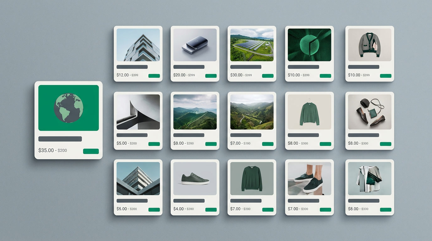 A grid of visual record cards, each showing a photo, title, price, and status tag, arranged like a catalog