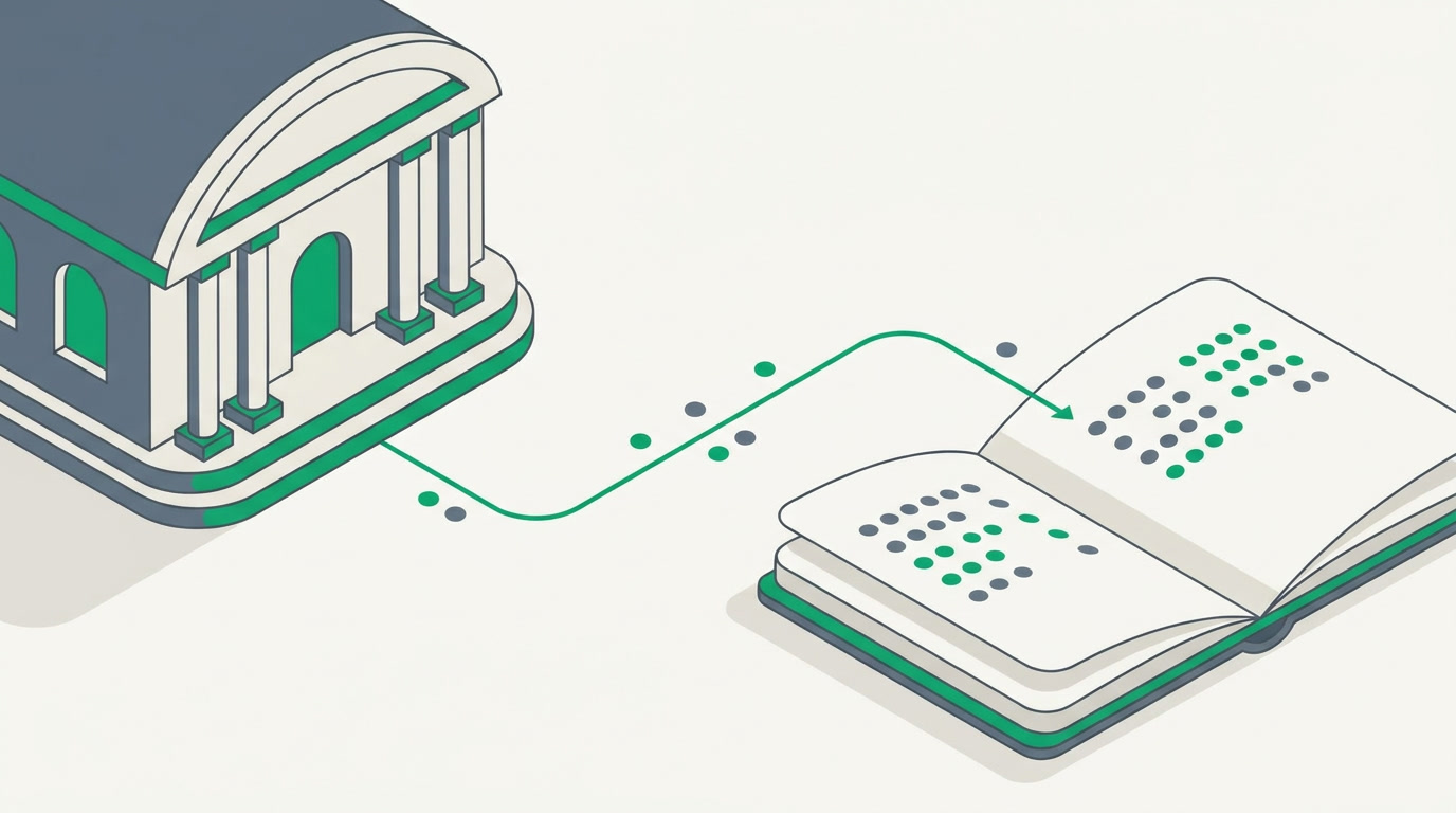 An editorial illustration of a bank building linked by a clean line to a ledger, in emerald green and slate grey