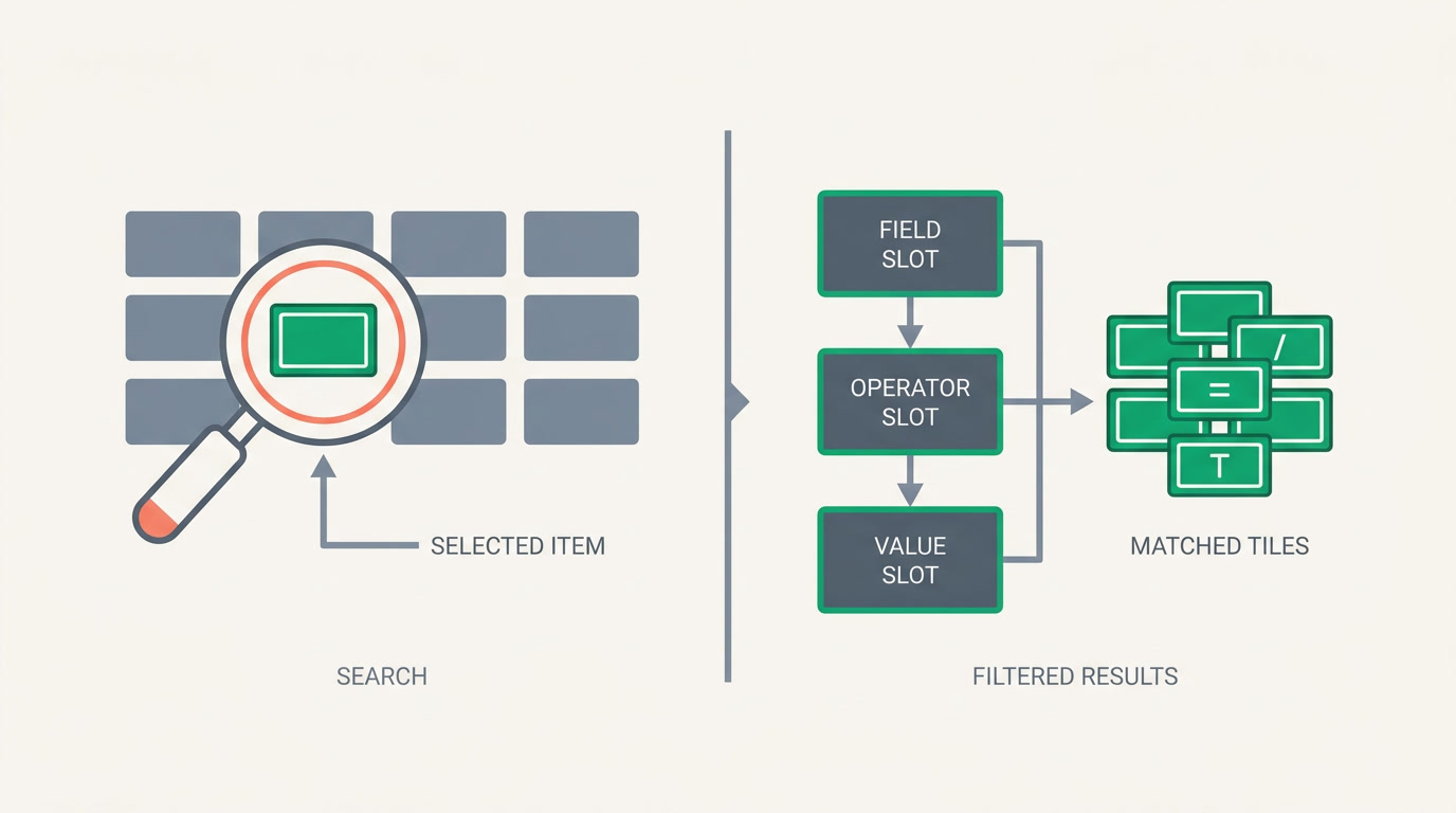 A conceptual diagram contrasting a single search hit with a structured filter built from field, operator, and value.