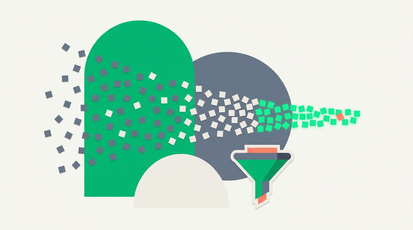 An abstract illustration of records being narrowed by stacked filter conditions into a single precise answer.