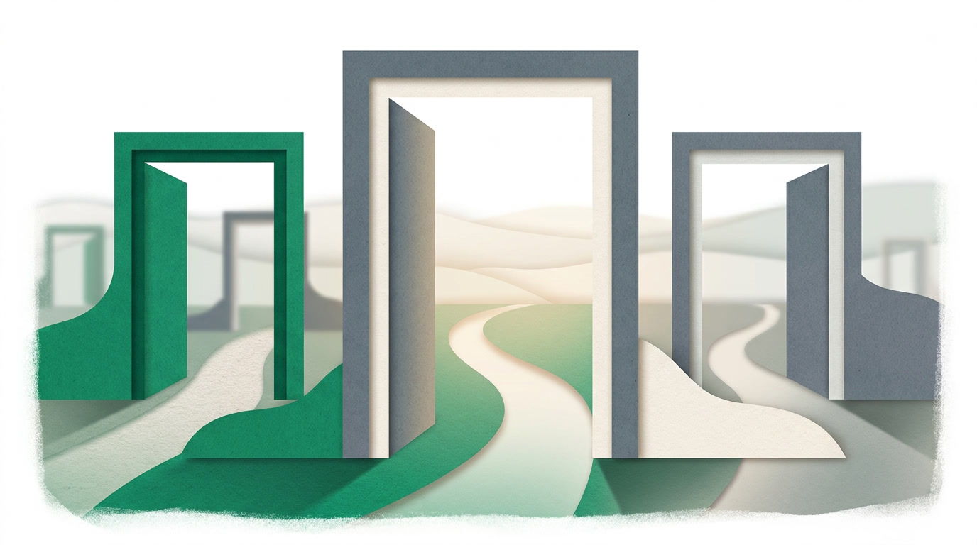 A row of open doors of different sizes, each leading to a different path, suggesting a deliberate choice