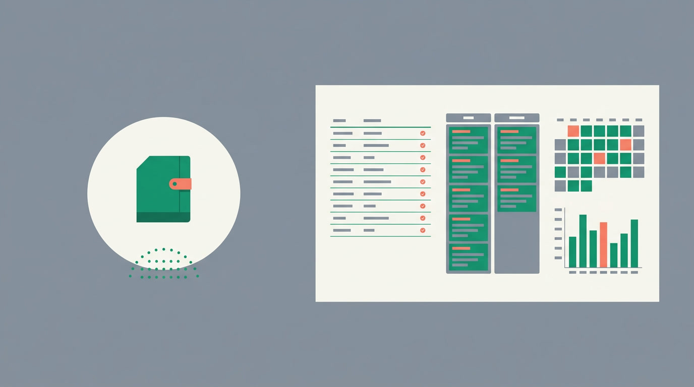 A clean concept of the same records shown as a list, a Kanban board, a calendar, and a chart