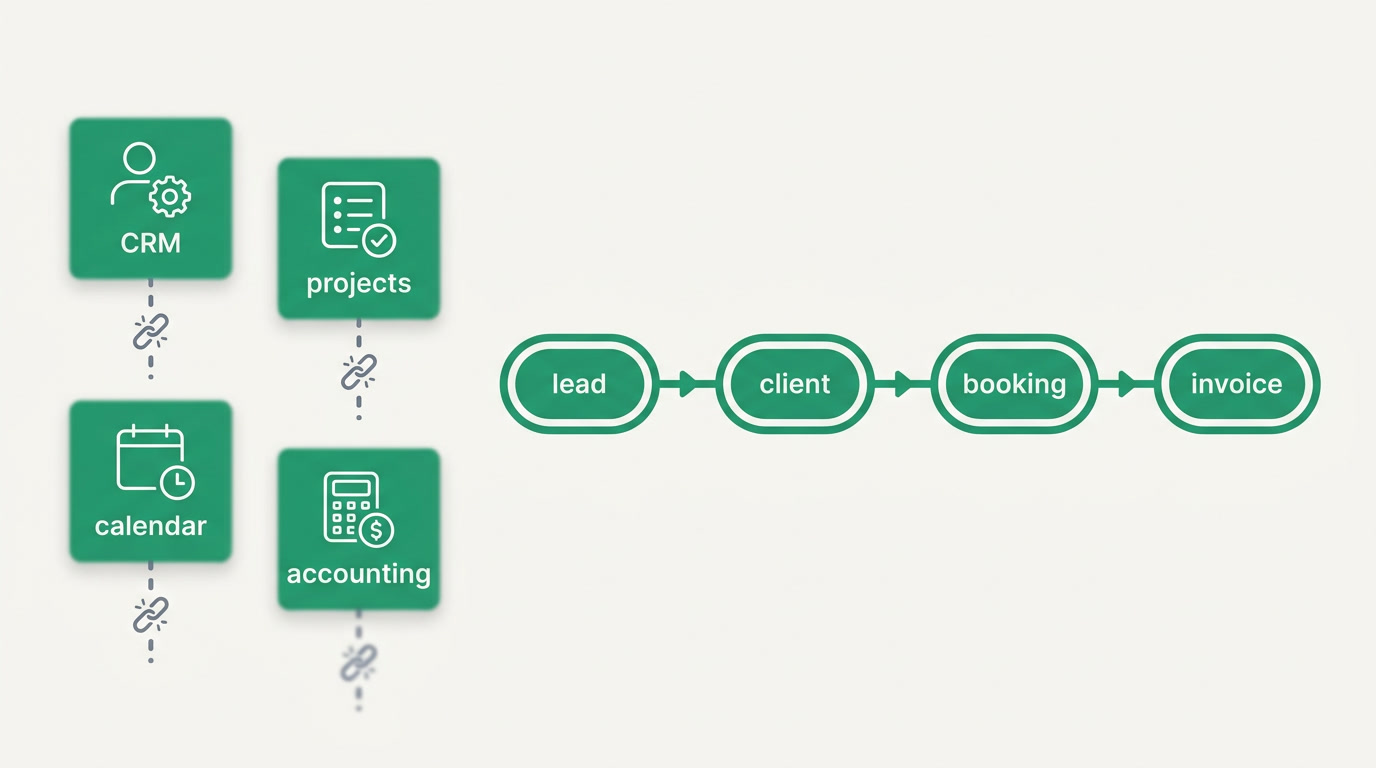 Diagram contrasting disconnected tools with one connected ERPnBox record flowing from lead to invoice