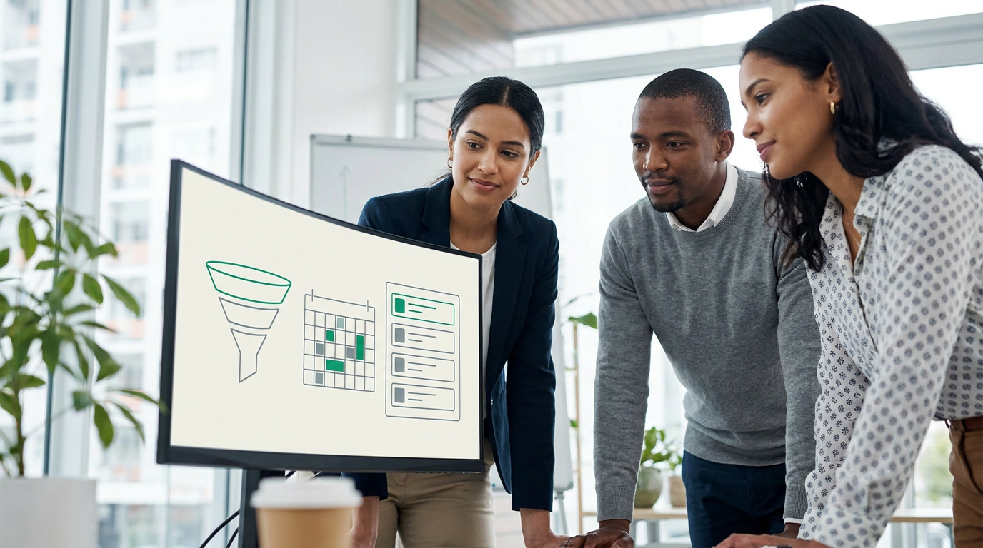 An agency team reviewing a connected pipeline, bookings, and invoices on one workspace