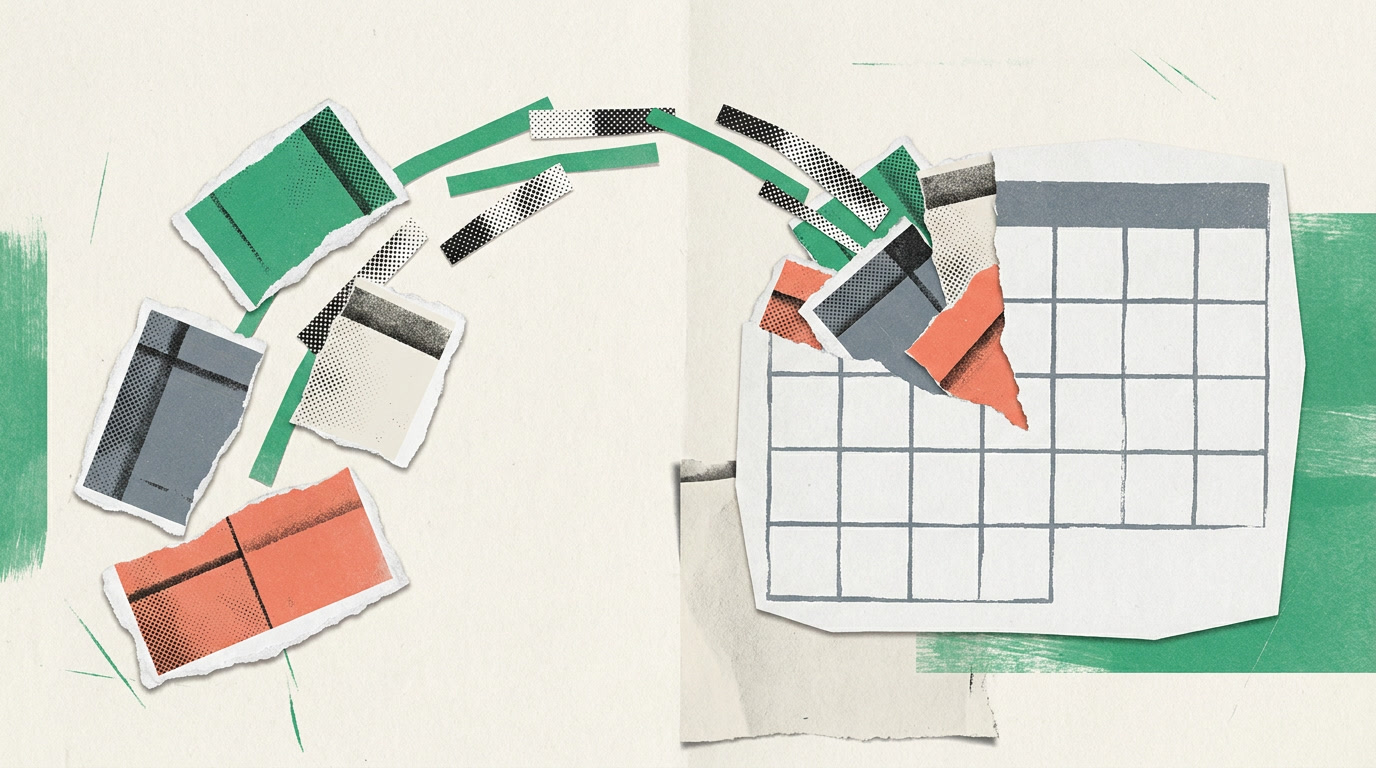 Several small separate schedule cards merging into one large calendar, showing the shift from scattered to single
