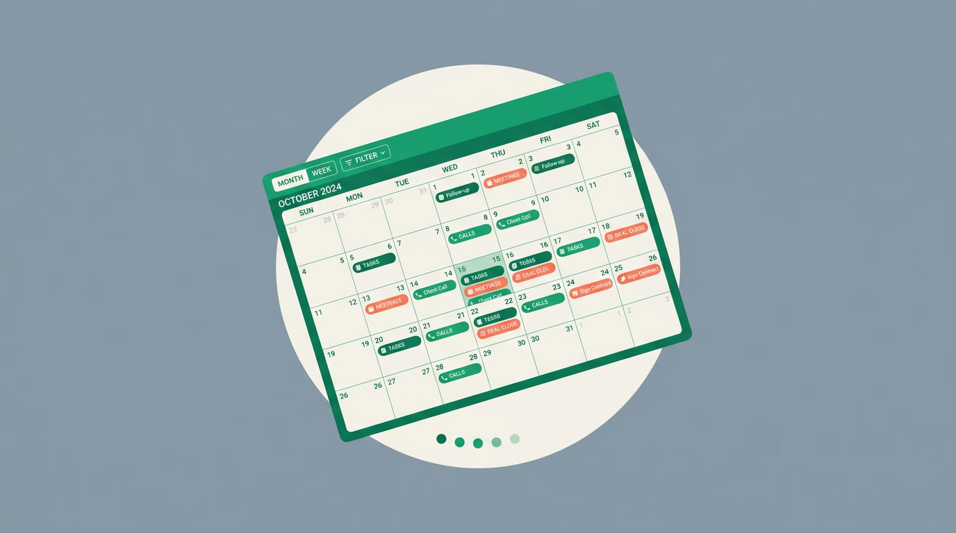 A CRM calendar month view with coloured entries for tasks, calls, meetings and deal close dates across the days