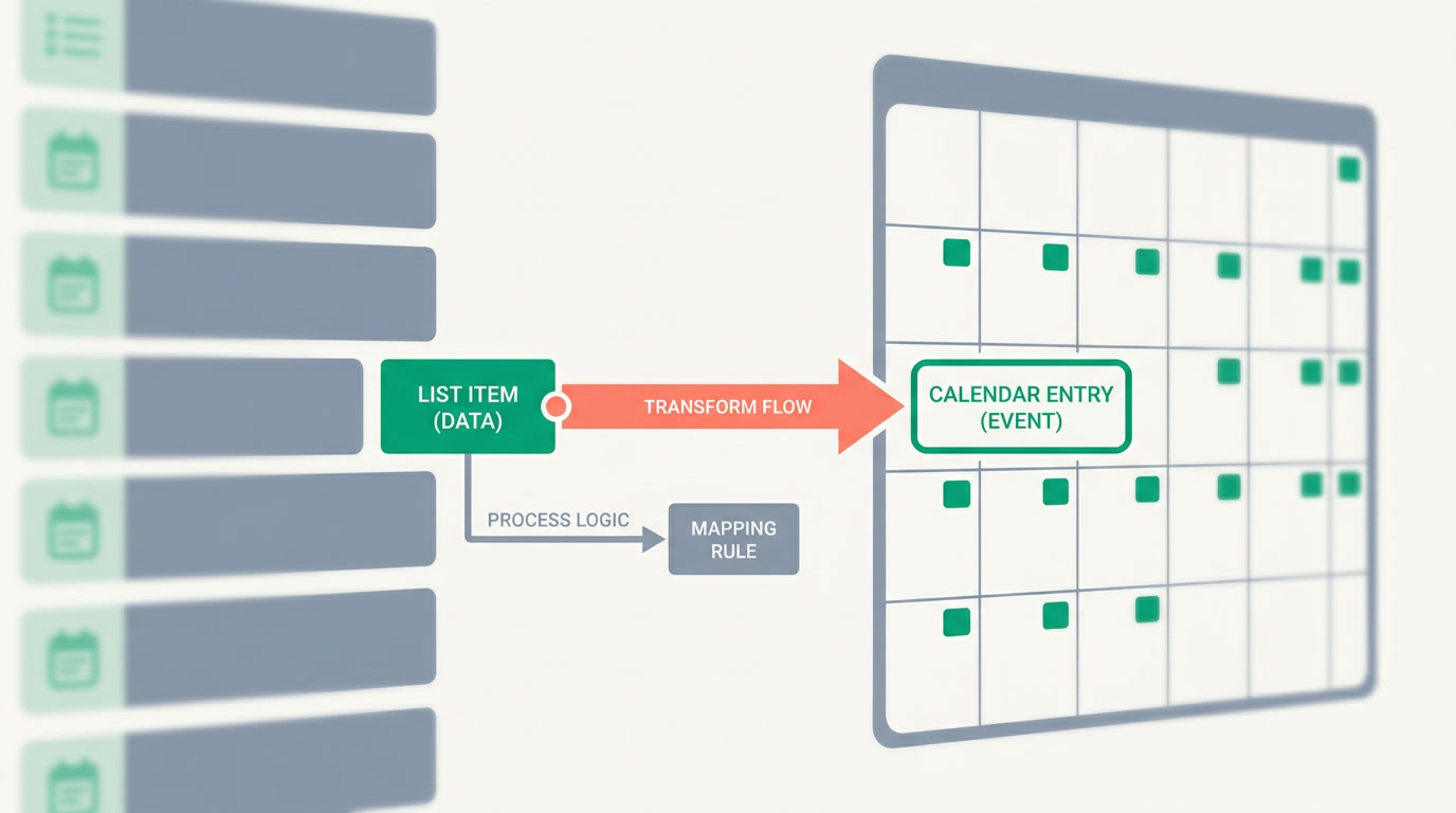 Diagram of the same records shown as a list on one side and placed on a calendar grid on the other