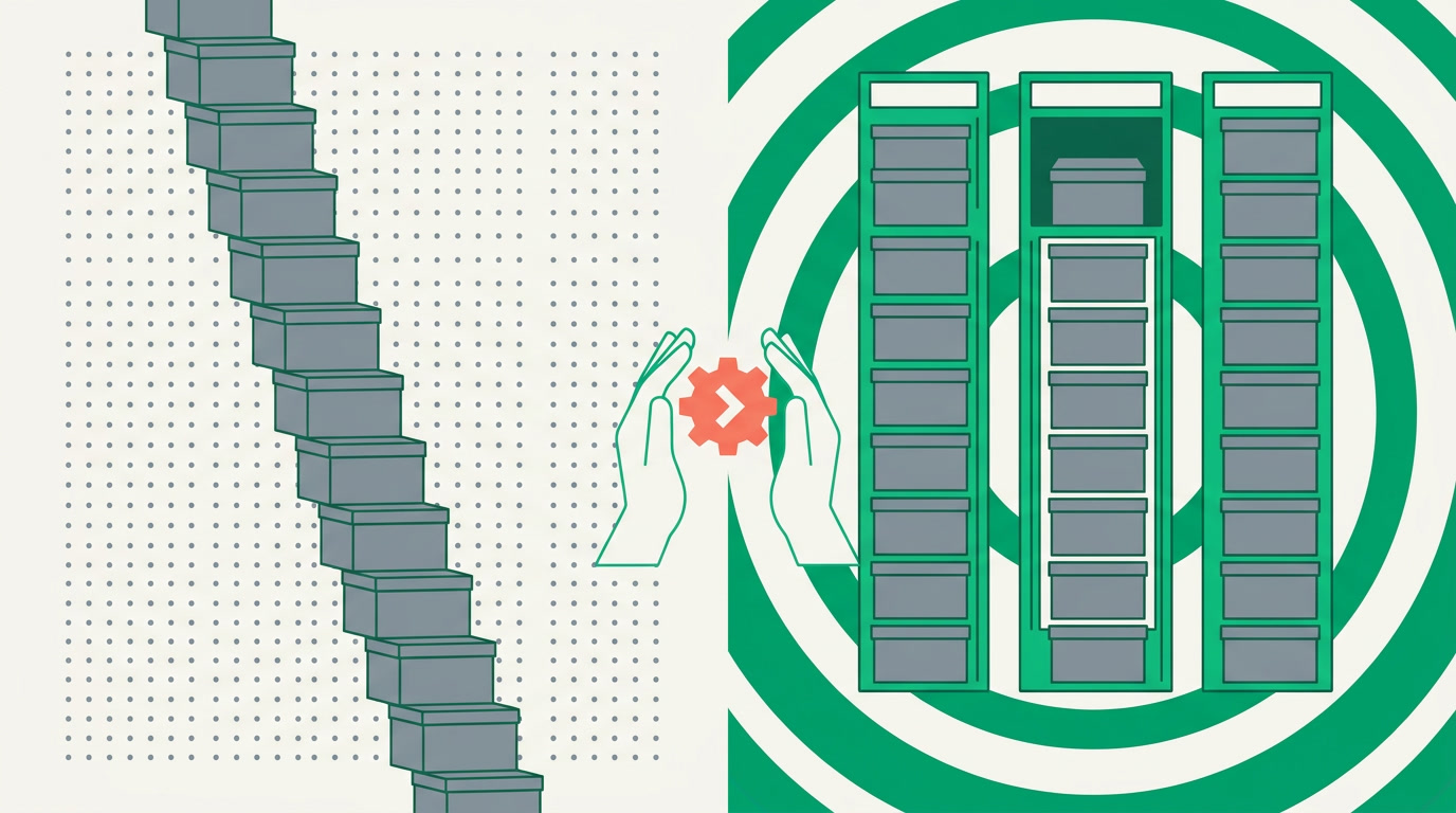 A tall single-column form on one side transforming into a tidy multi-column record page on the other