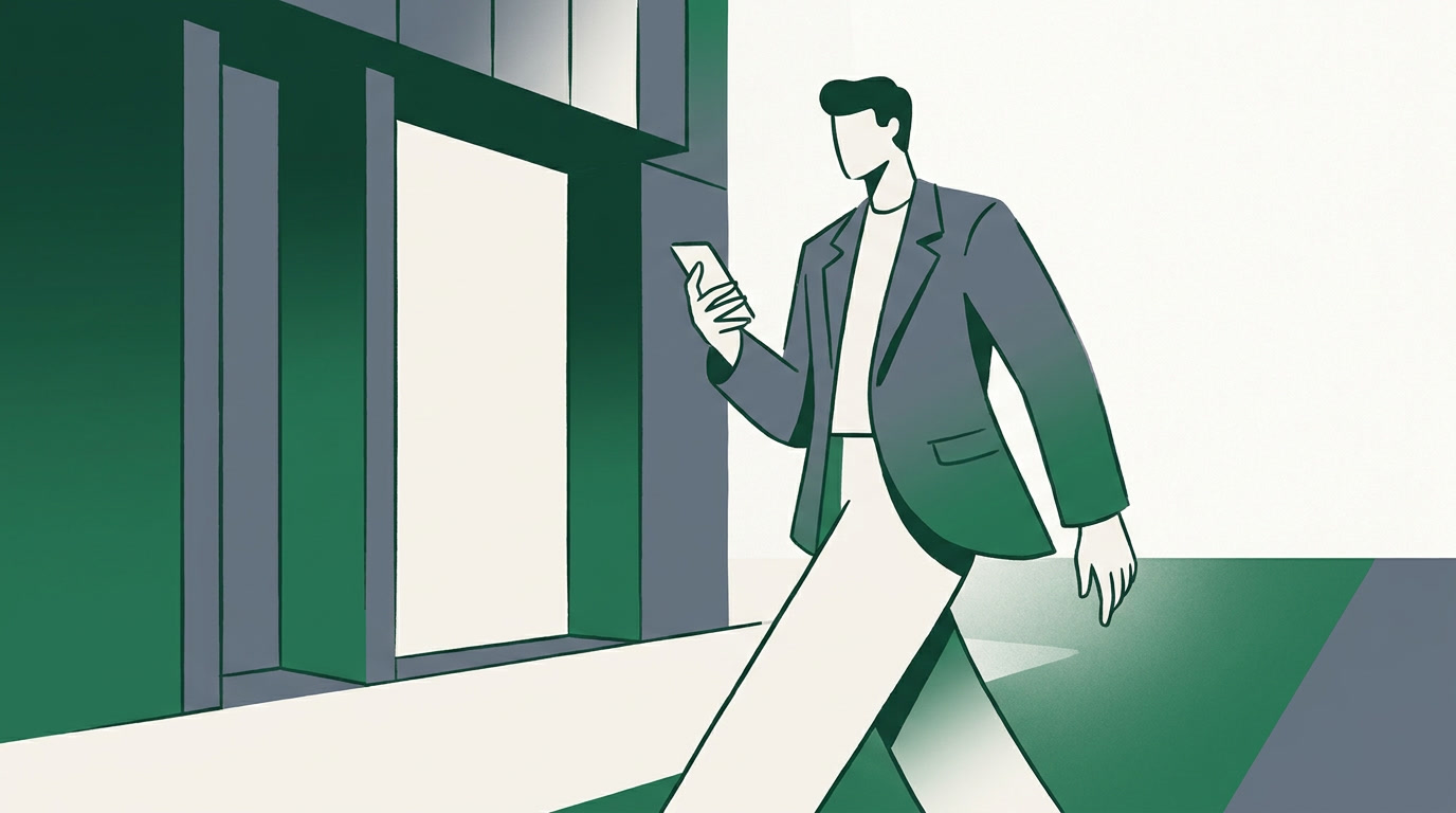 An illustration of a real estate agent reviewing a deal on a phone while standing outside a building
