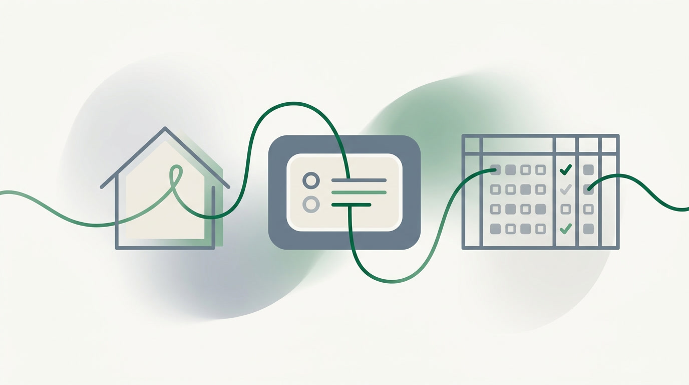 An editorial illustration of a single connected thread linking a house, a contact, and a ledger