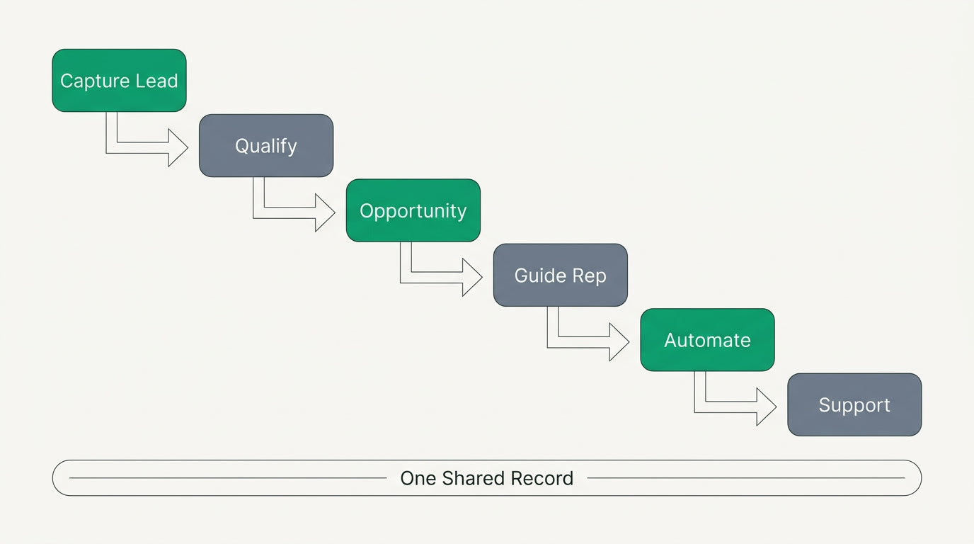 A flat flowchart of the sales cycle stages from lead capture to support handoff