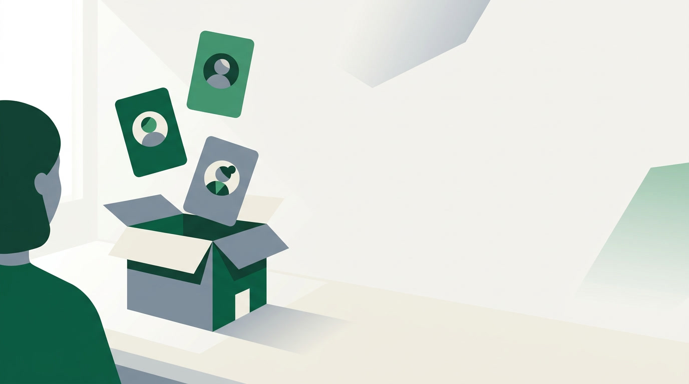An open box revealing a few neatly organized customer cards, symbolizing the essential parts of a CRM