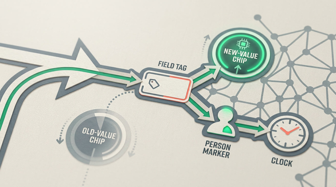 A single change unfolding into its five recorded parts: field, old value, new value, person, and time
