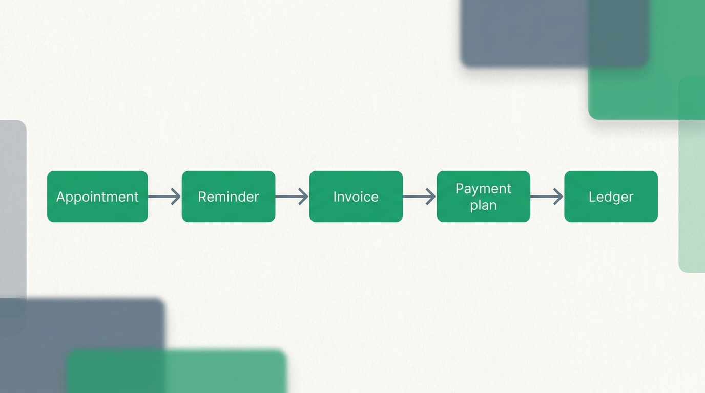 A flow diagram showing an appointment becoming an invoice becoming a ledger entry
