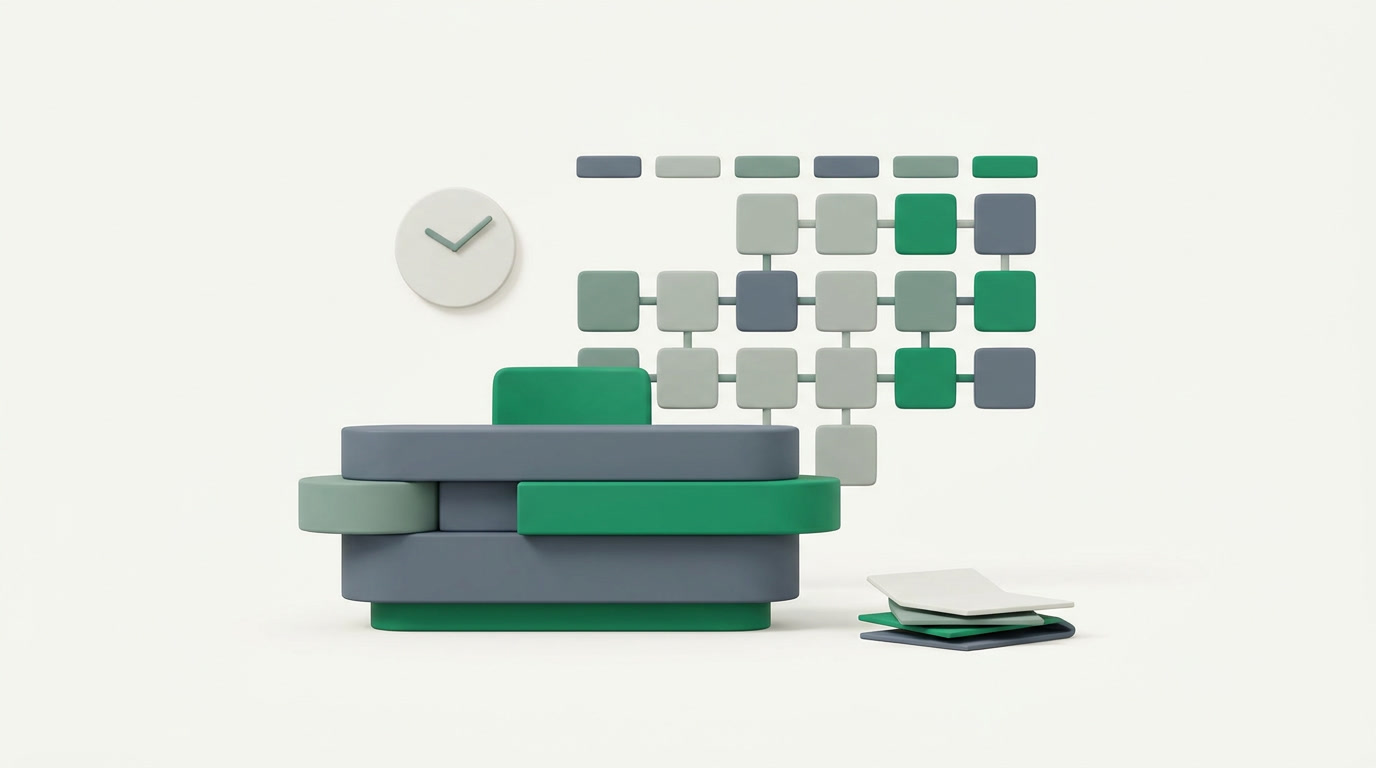 A calm clinic reception scene rendered as an editorial illustration in emerald and slate