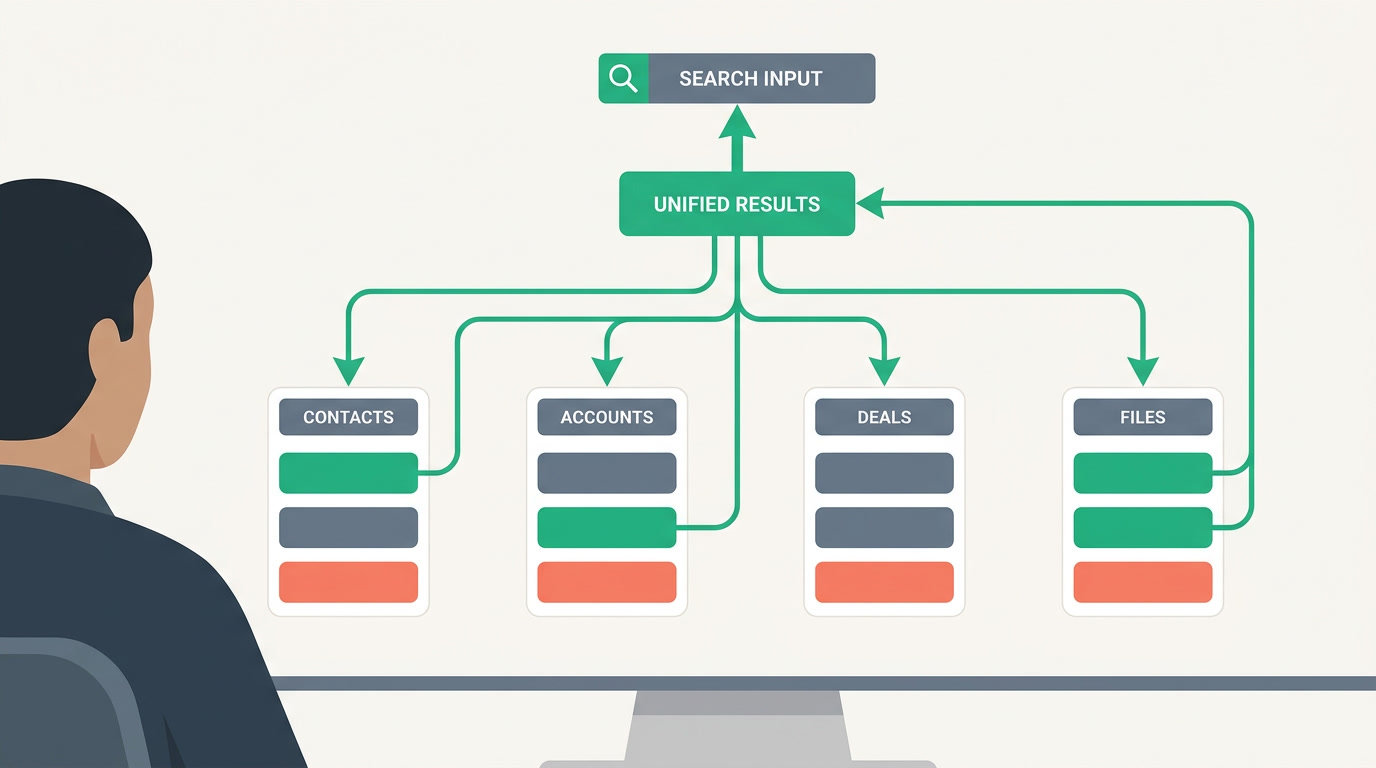 Diagram of one search query branching out to several module groups and returning matched records