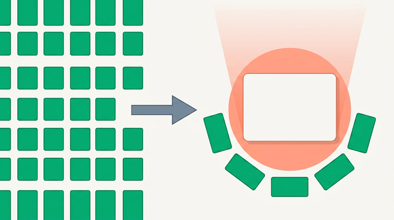 Diagram contrasting a flat grid of equal records with one record raised into a spotlight