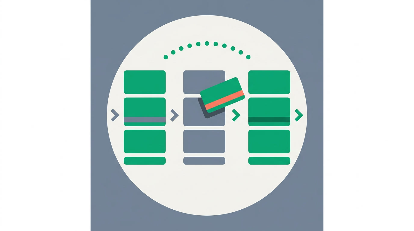 A deal card lifting off one column and settling into the next stage on a pipeline board