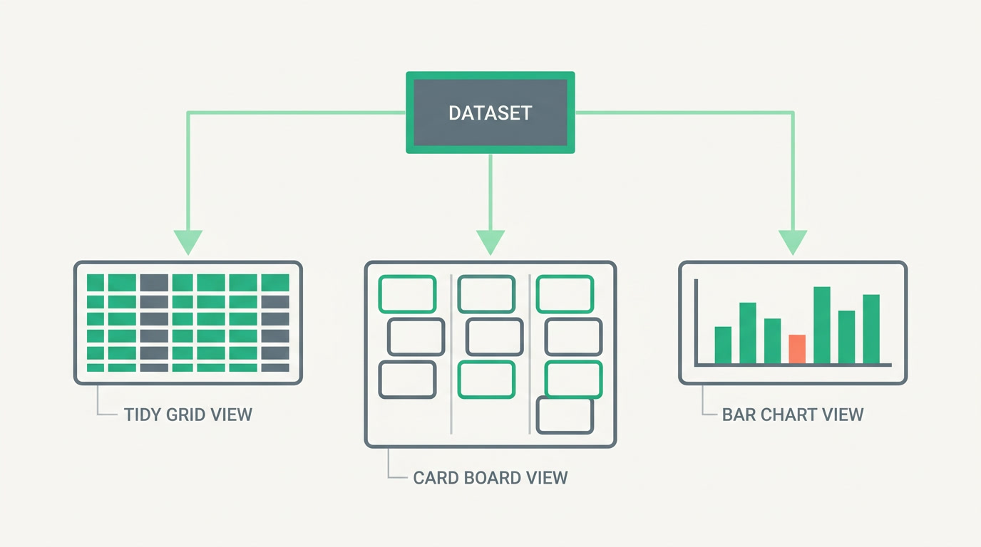 Conceptual diagram of the same records shown as a list, a board, and a chart