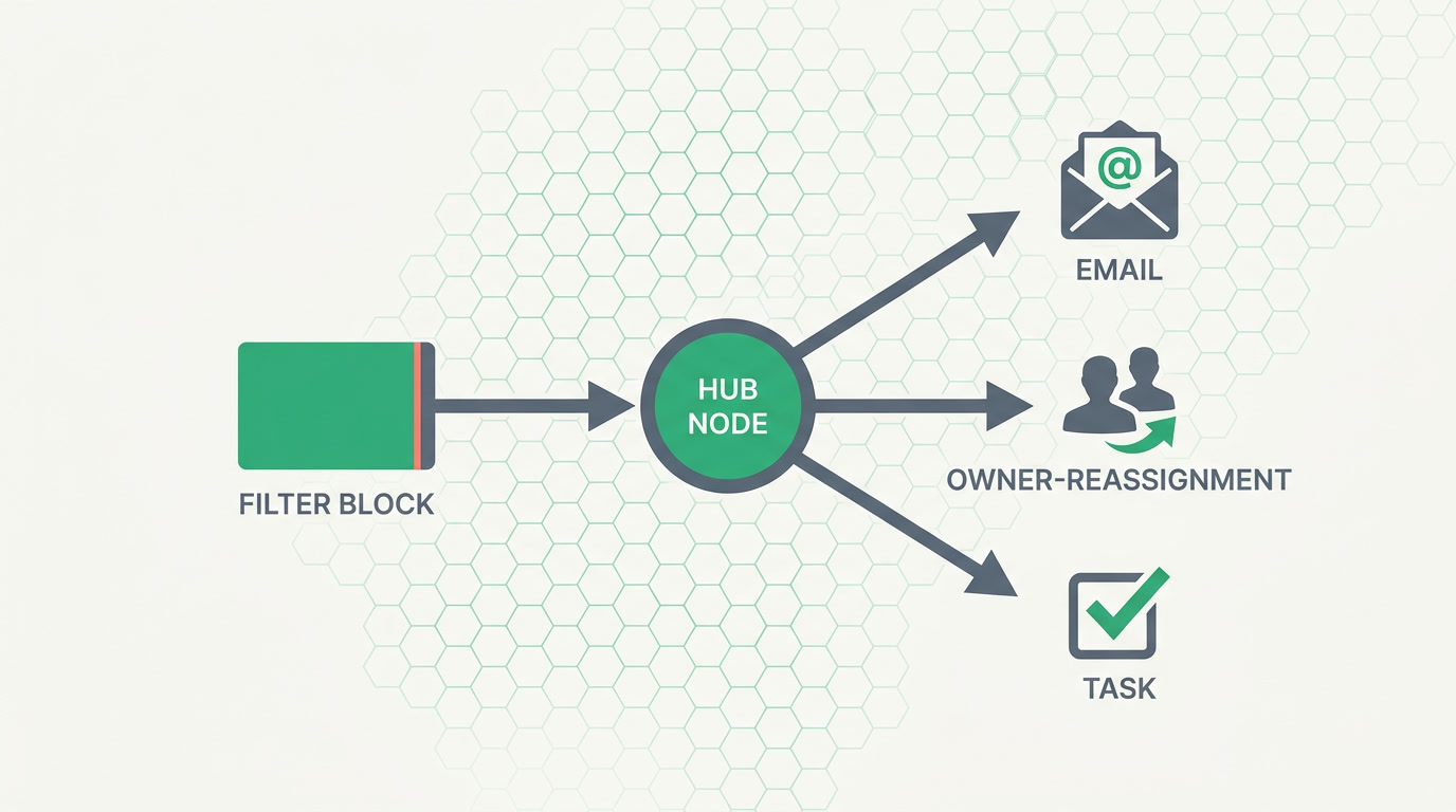 A saved filter labeled as a segment feeding one shared action that branches to email, reassignment and tasks