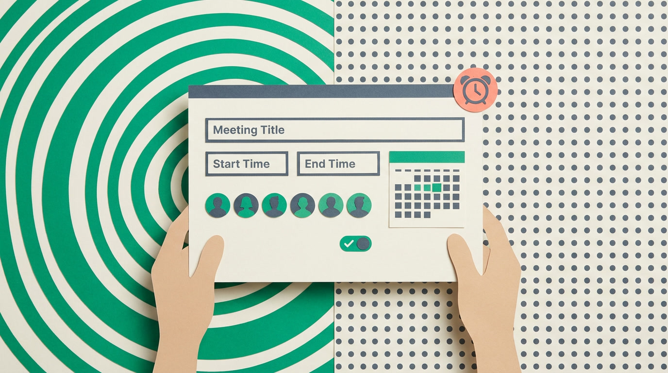 A clean meeting scheduling panel showing title, start and end time, attendees, and a reminder toggle on a record