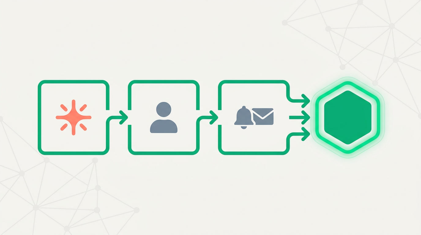 Three connected building blocks labeled event, recipient, and channel forming a single rule
