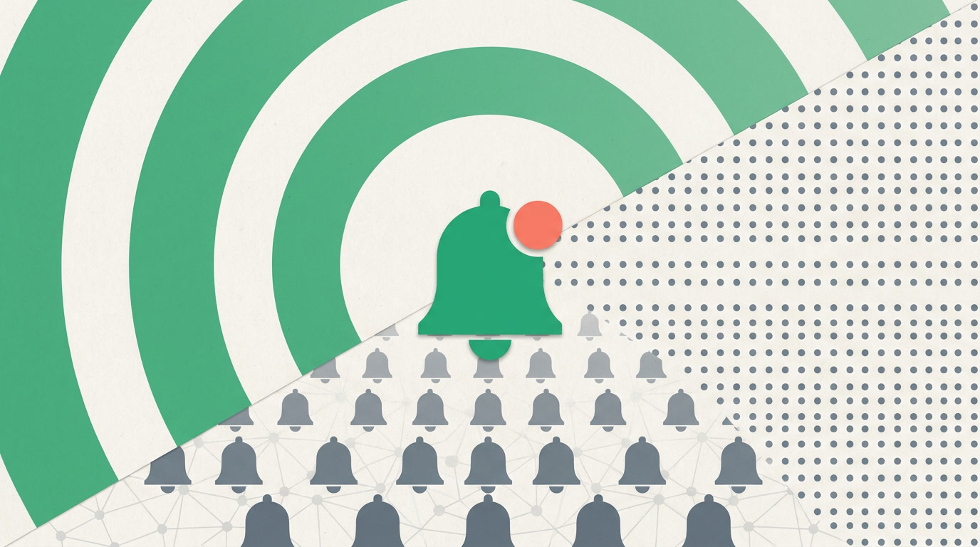 A single clear bell rising above a muted crowd of silenced ones, representing selective, rule-driven notifications