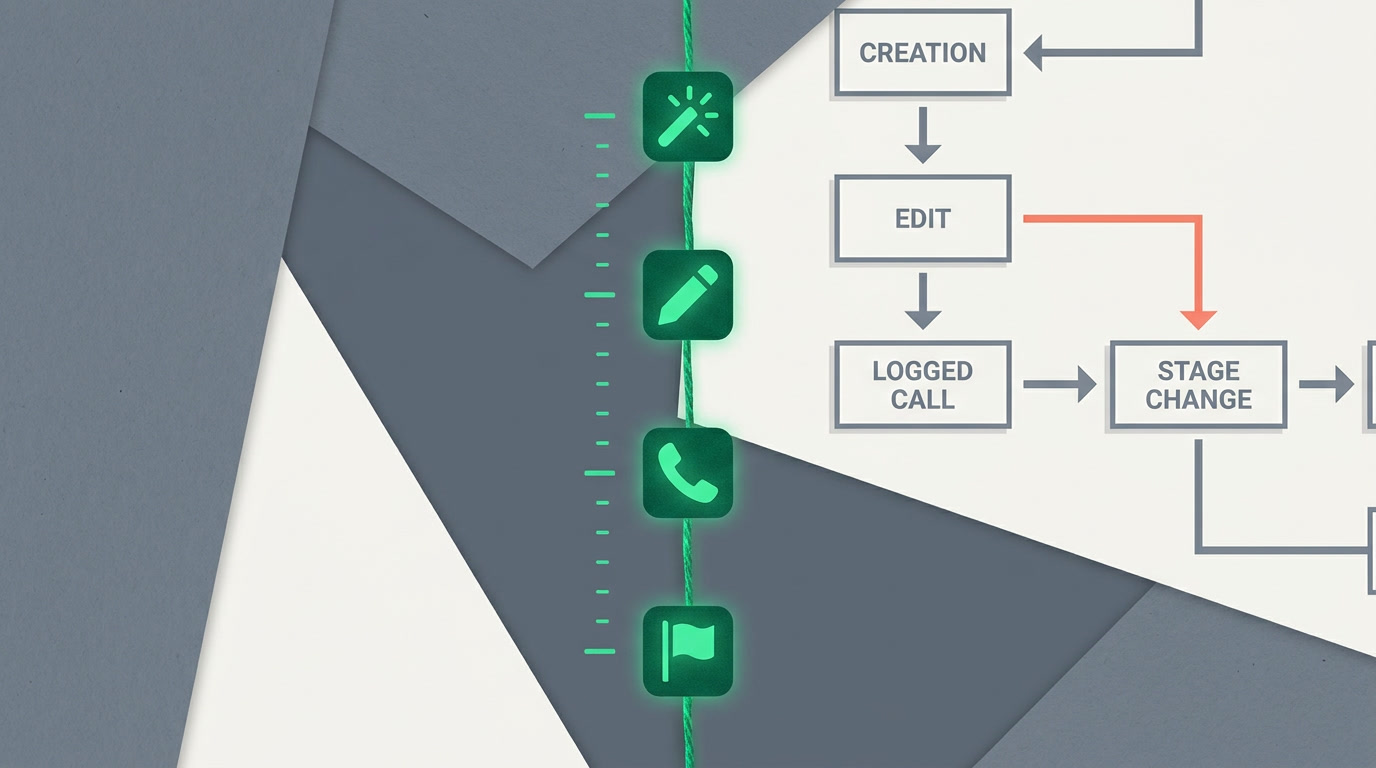 Four distinct event types threading into one vertical timeline: a spark, a pencil, a phone, and a flag